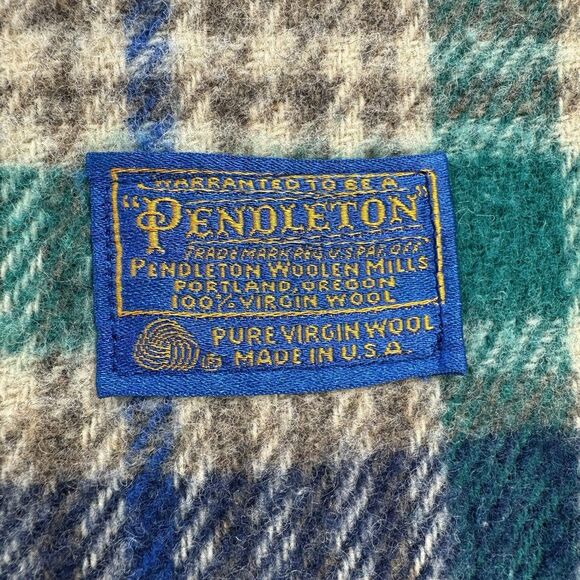 Vintage Pendleton Green Plaid 4” Fringe Made In USA Virgin Wool Blanket 69x52 in - Picture 2 of 8